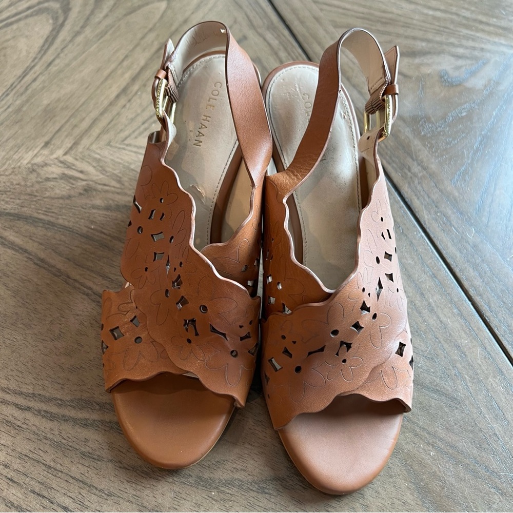 Cole Haan Brown Leather Indra high floral summer sandal Slingback Heels - Picture 2 of 8
